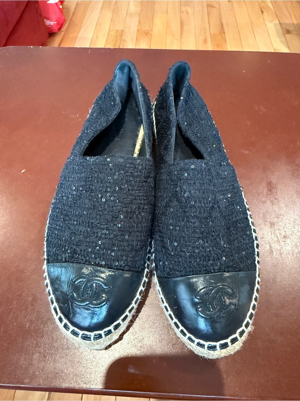 Authentic Chanel Black Sequin Espadrille Flats - Designer Logo Cap Toe